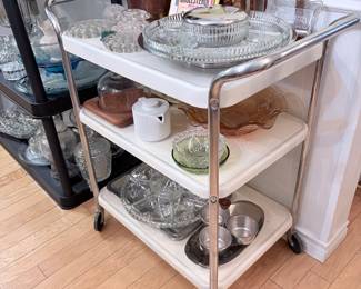 MCM bar cart, vintage aluminum food trays, ice bucket 