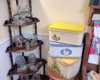 corner shelf, vintage tin containers, vintage change jars
