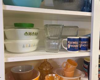 Pyrex, Fire King, Glasbake, vintage coffee cups vintage refrigerator storage 