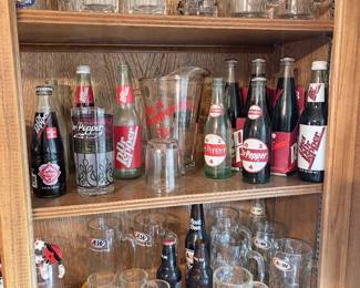 A&W Rootbeer Steins and shot glasses, vintage rootbeer bottles, vintage Dr. Pepper bottles, Pizza Hut Dr. Pepper pitcher 