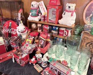 various coke glasses, pitchers, magnets, wall decor, kitchen accessories, decks of cards