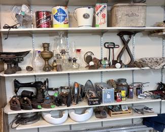 Coolers, vintage tins, all manner of primitive tools and housewares