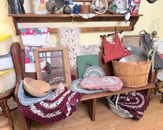 Church Pew, Handmade rag rug placemats and floor mat, doilies, wooden shelf, vintage tablecloths and aprons, many vintage kitchen accessories 