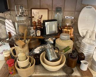 Primitive stoneware crocks, utensils, churn, cake mold, Mason jars & working antique toaster!