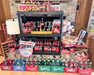 vintage coca-cola, sprite, and DR. Pepper bottles in metal cases, wooden coca-cola case trays
