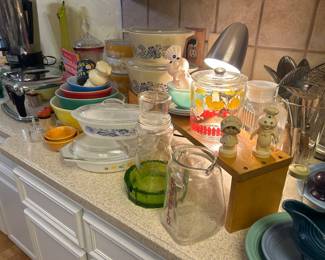 Pyrex sets, Blenko, Glasbake, vintage food jars and boxes