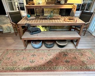 Kingsley Bate teak patio table with two benches and two matching side chairs