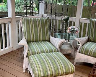 Lloyd Loom premiere, wicker furniture pair of chairs with matching ottoman