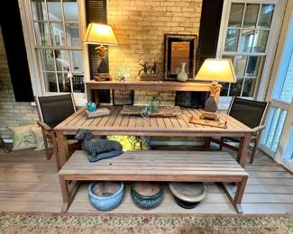 Kingsley Bate teak patio table with two benches and two matching side chairs