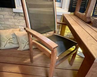 Kingsley Bate teak patio table with two benches and two matching side chairs