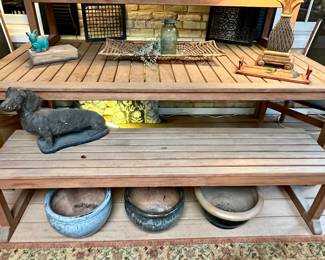 Kingsley Bate teak patio table with two benches and two matching side chairs