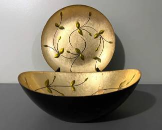Glass Bowl And Matching Plate With Gold Leaf