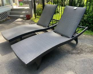 Pair Or Modern Contemporary Woven Plastic Metal Frame Outdoor Chaise Lounges