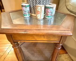 Hexagonal Oak and Glass Top End Table, $125