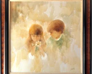 Children with Flower Oil Painting signed by Fred Monéy, $750