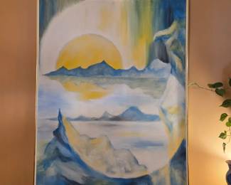 R. Sontag Oil Painting, Northern Lights Mountain Scene, $900