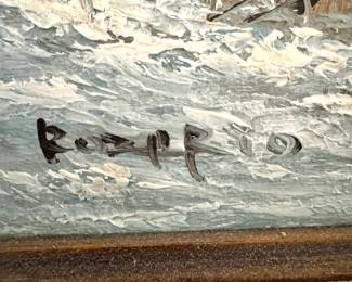 Winter Barn Signed Oil Painting, $100