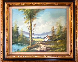Van Oost Countryside Cottage Landscape Oil Painting, $300