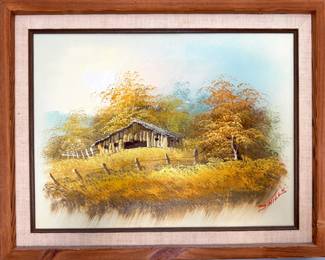 Landscape Oil Painting with Barn, Framed Country Scene, $400