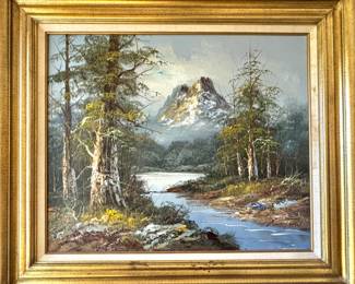 Alpine Mountain Lake Oil Painting in Gilt Frame, $275