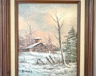 Winter Barn Signed Oil Painting, $100