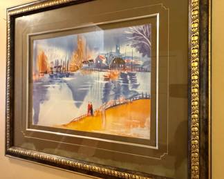 European Harbor Waterfront Watercolor, Signed, $150