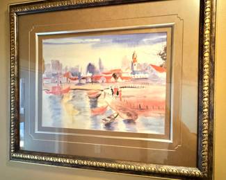 European Harbor Village Watercolor, $125