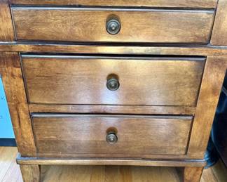 Transitional King Bed Frame, $300 and Three-Drawer Wood Nightstand, $150