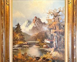 Mountain Lake Landscape Oil Painting in Carved Frame, $300