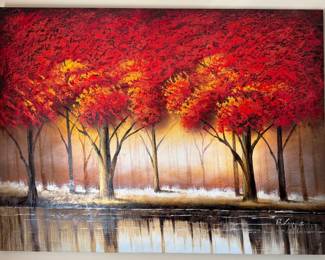 Red Autumn Trees Reflecting Pond Landscape Painting, $150