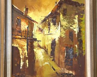 Mid-Century European Village Landscape Oil Painting, $250