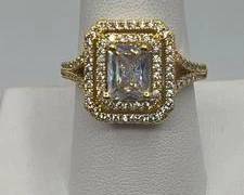 Vintage Style Gold Tone Halo Ring with Emerald Cut Clear Crystal Center Stone | Size 9 | Total Weight 5.1 grams