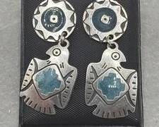 Vintage Sterling Silver and Turquoise Thunderbird Dangle Earrings Mixed Metal Teal Enamel Accents