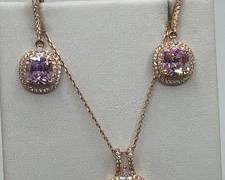 Gold Tone Chain Cushion-cut Pink GemStone Halo Pendant Necklace and Matching Dangle Earrings Set