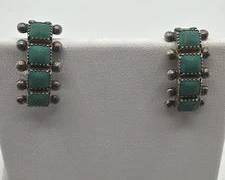 Vintage Native American Sterling Silver Turquoise Square Row J Hoop Screwback Earrings | Total Weight 6.1 grams