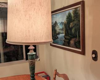 Vintage Green Marble And Brass Table Lamp With Asian Dragon Motif