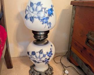 vintage milk glass "Gone with the Wind" hurricane lamp