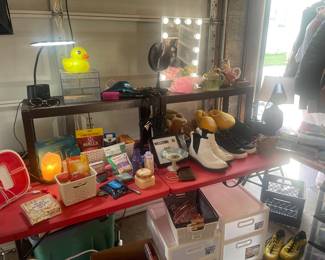 Desk lamps, cold medicine, hair dryer, curling iron, shoes, boots, toiletries 