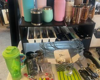 Casserole dishes, travel cups, measuring spoons and cups, wine openers, can openers