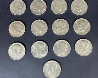 1964 Kennedy Half Dollar Silver Coins 13 Coin Collection, 90 Silver, 162.07g