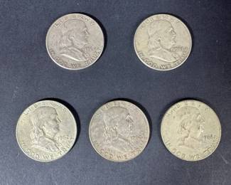 Franklin Silver Half Dollar Collection 1960, 1961 1962 Dates, 5 Coins, 62.51g
