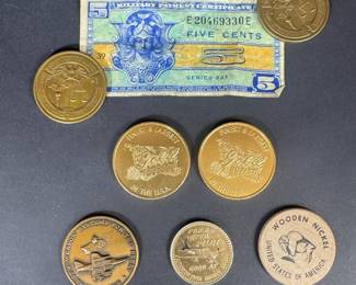 Military Payment Certificate Series 521, Wooden Nickel Assorted Trade Tokens Collection
