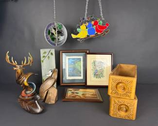 NatureThemed Decor Group with Stained Glass, Wood Carvings Framed Art