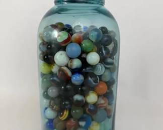 Vintage Blue Perfect Mason Jar Filled with Assorted Glass Marbles Decorative vintage aquablue Perf