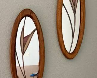 MidCentury Modern Oval Floral Stain Glass Wall Mirrors