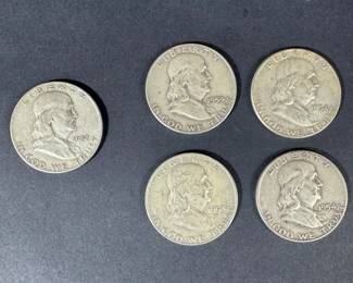 Franklin Silver Half Dollar Collection 1953 1954 Dates, 5 Coins, 62.23g