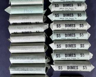 Coin Collector Dime Roll Collection 20 Mixed Rolls, Partial Full Rolls, 2,453g Total