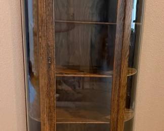 Antique Oak Curved Glass China Cabinet with Mirror Back Crest