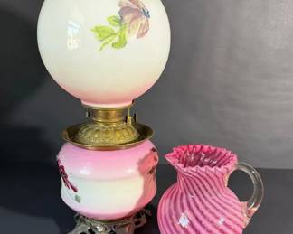 Vintage Pink Satin Glass Hurricane Lamp w HandPainted Floral Shade