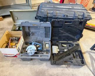 Husky Rolling Jobsite Tool Box w PorterCable Nailer, Ryobi Saw Assorted Tools
